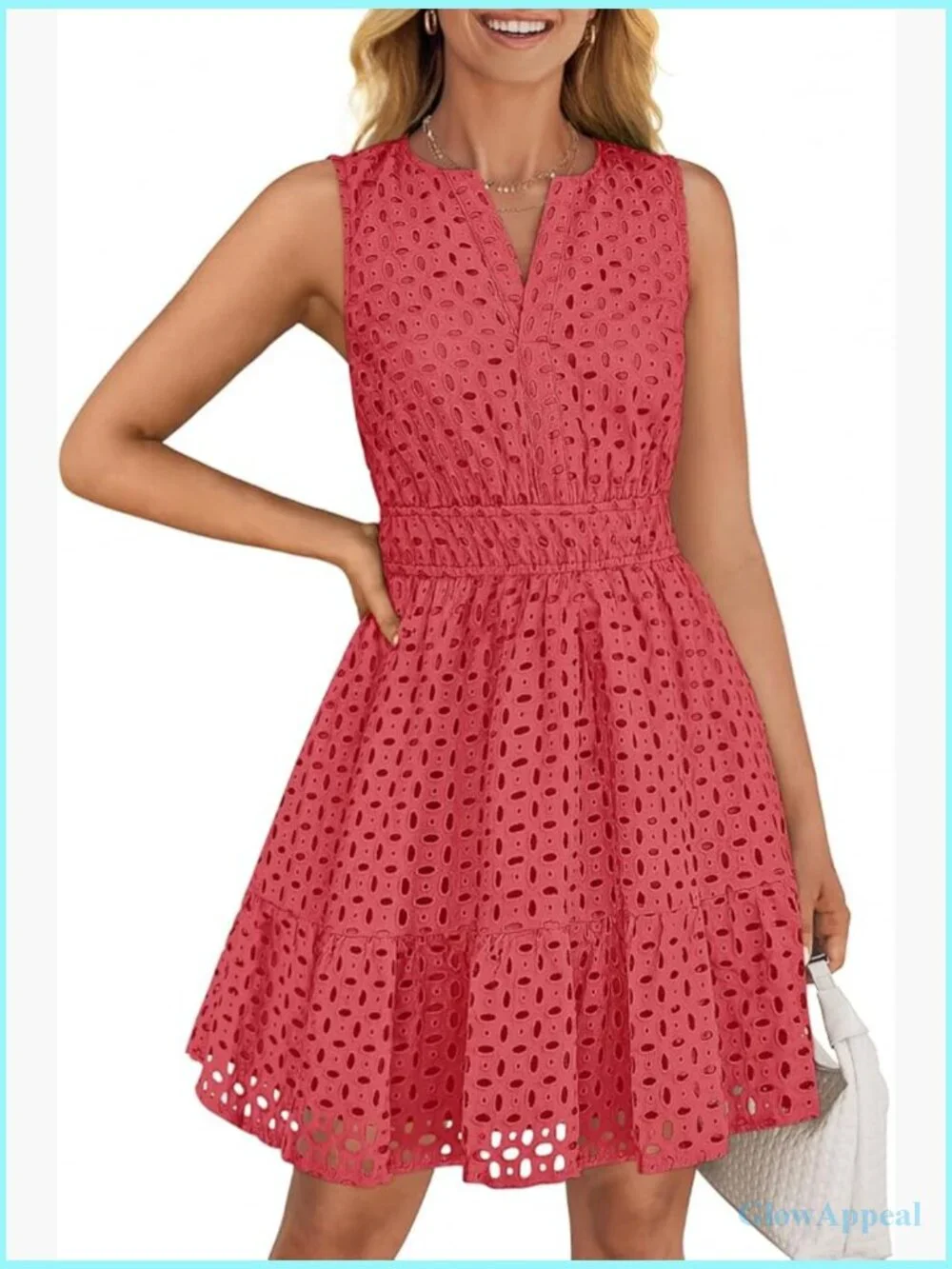 Sleeveless Mini Dress V Neck Eyelet Flowy A Line Beach Vacation Sundress